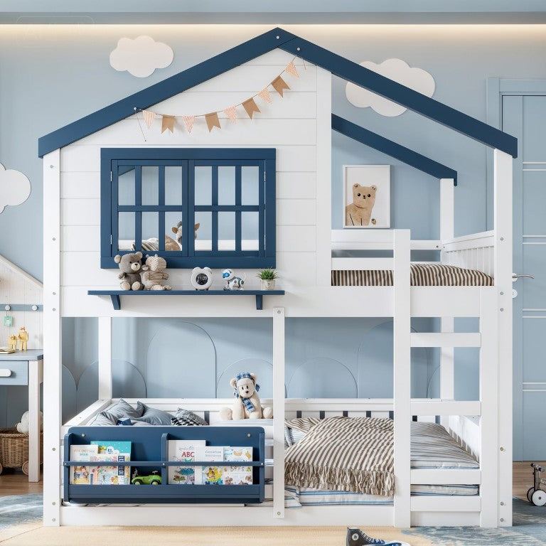 English Elm Full Size Pine Wood House Bunk Bed with Pitched Roof Bookshelf and Safety Rail W1580S00325