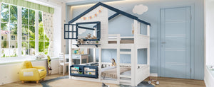 English Elm Full Size Pine Wood House Bunk Bed with Pitched Roof Bookshelf and Safety Rail W1580S00325