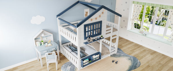 English Elm Full Size Pine Wood House Bunk Bed with Pitched Roof Bookshelf and Safety Rail W1580S00325