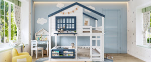 English Elm Full Size Pine Wood House Bunk Bed with Pitched Roof Bookshelf and Safety Rail W1580S00325