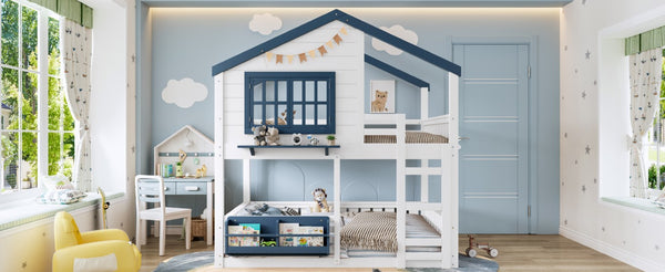 English Elm Full Size Pine Wood House Bunk Bed with Pitched Roof Bookshelf and Safety Rail W1580S00325