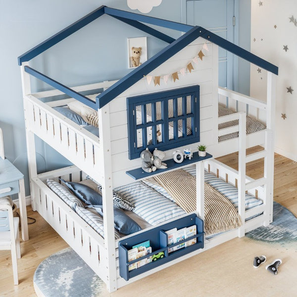 English Elm Full Size Pine Wood House Bunk Bed with Pitched Roof Bookshelf and Safety Rail W1580S00325
