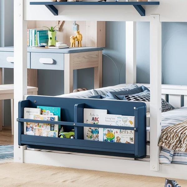 English Elm Full Size Pine Wood House Bunk Bed with Pitched Roof Bookshelf and Safety Rail W1580S00325