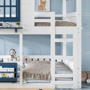 English Elm Full Size Pine Wood House Bunk Bed with Pitched Roof Bookshelf and Safety Rail W1580S00325