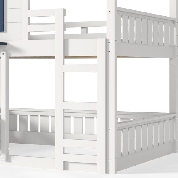 English Elm Full Size Pine Wood House Bunk Bed with Pitched Roof Bookshelf and Safety Rail W1580S00325