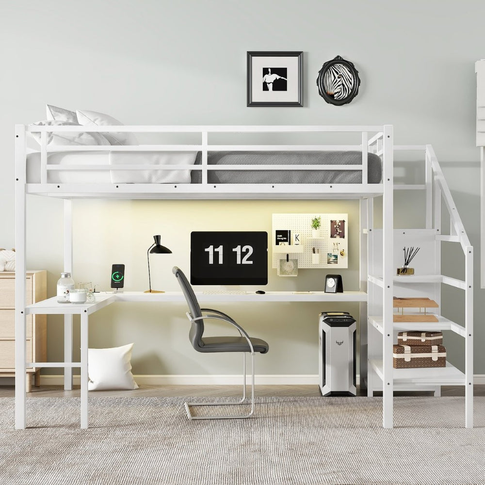 English Elm Queen Metal Loft Bed with L-shaped Desk Built-in Wardrobe Led Lighting Usb W1580S00402