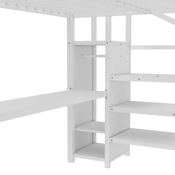 English Elm Queen Metal Loft Bed with L-shaped Desk Built-in Wardrobe Led Lighting Usb W1580S00402