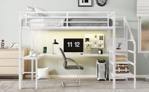 English Elm Queen Metal Loft Bed with L-shaped Desk Built-in Wardrobe Led Lighting Usb W1580S00402