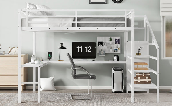 English Elm Queen Metal Loft Bed with L-shaped Desk Built-in Wardrobe Led Lighting Usb W1580S00402