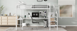 English Elm Queen Metal Loft Bed with L-shaped Desk Built-in Wardrobe Led Lighting Usb W1580S00402