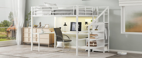 English Elm Queen Metal Loft Bed with L-shaped Desk Built-in Wardrobe Led Lighting Usb W1580S00402
