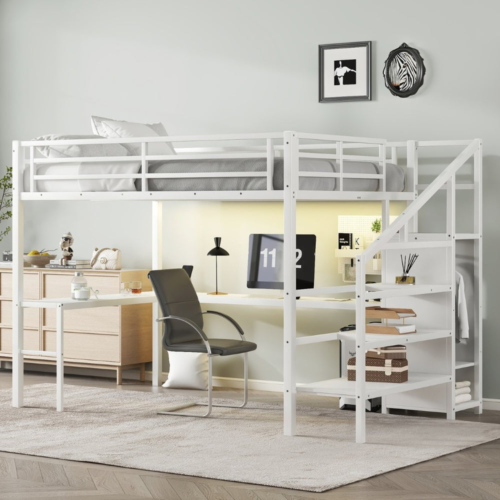 English Elm Queen Metal Loft Bed with L-shaped Desk Built-in Wardrobe Led Lighting Usb W1580S00402