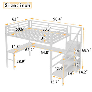 English Elm Queen Metal Loft Bed with L-shaped Desk Built-in Wardrobe Led Lighting Usb W1580S00402