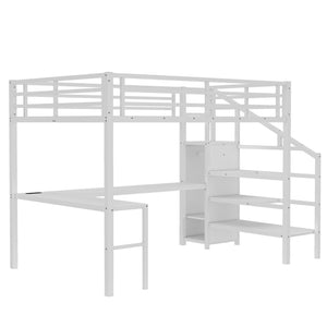 English Elm Queen Metal Loft Bed with L-shaped Desk Built-in Wardrobe Led Lighting Usb W1580S00402