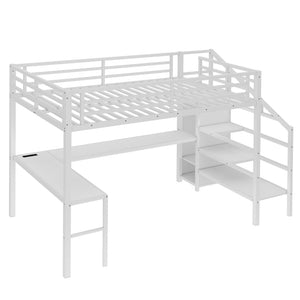 English Elm Queen Metal Loft Bed with L-shaped Desk Built-in Wardrobe Led Lighting Usb W1580S00402
