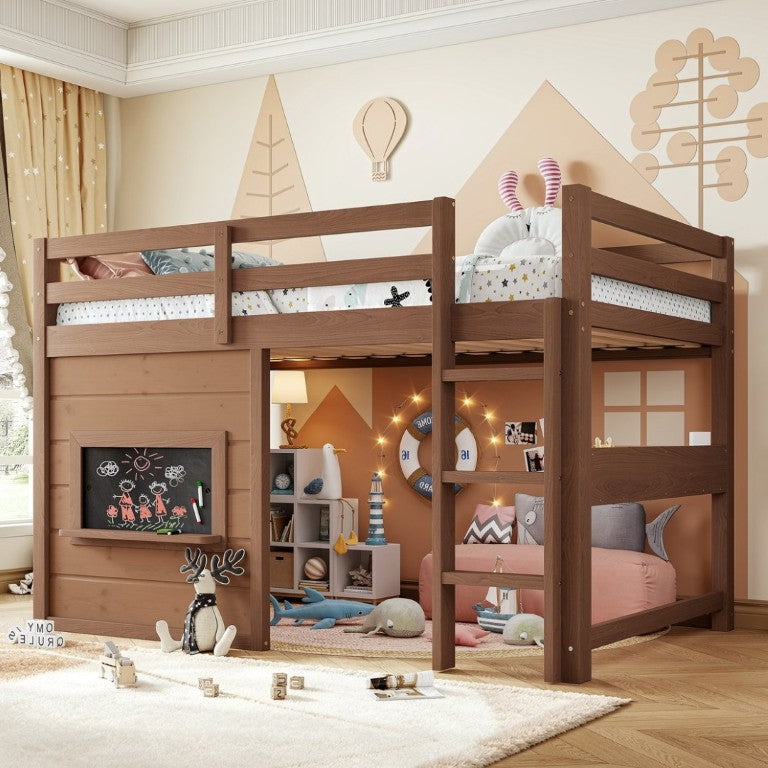 English Elm Twin Pine Loft Bed with House Frame Chalkboard Bookshelf and Safety Rails for Kids Natural W1580S00621