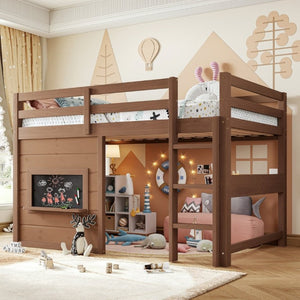 English Elm Twin Pine Loft Bed with House Frame Chalkboard Bookshelf and Safety Rails for Kids Natural W1580S00621