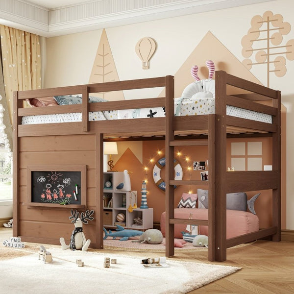 English Elm Twin Pine Loft Bed with House Frame Chalkboard Bookshelf and Safety Rails for Kids Natural W1580S00621