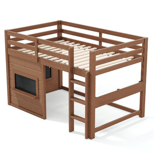 English Elm Twin Pine Loft Bed with House Frame Chalkboard Bookshelf and Safety Rails for Kids Natural W1580S00621