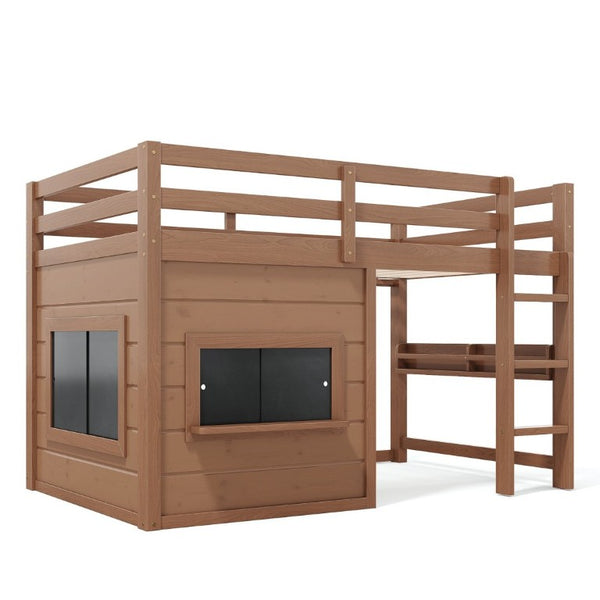 English Elm Twin Pine Loft Bed with House Frame Chalkboard Bookshelf and Safety Rails for Kids Natural W1580S00621