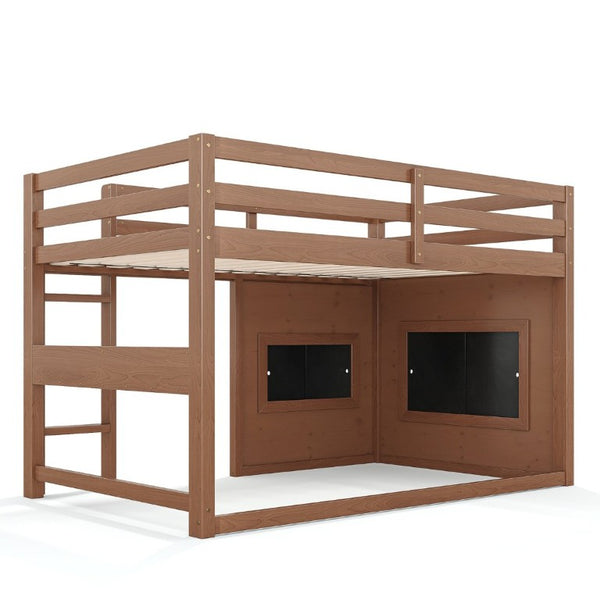 English Elm Twin Pine Loft Bed with House Frame Chalkboard Bookshelf and Safety Rails for Kids Natural W1580S00621