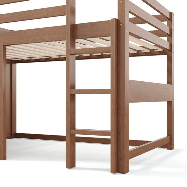 English Elm Twin Pine Loft Bed with House Frame Chalkboard Bookshelf and Safety Rails for Kids Natural W1580S00621