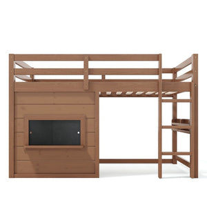 English Elm Twin Pine Loft Bed with House Frame Chalkboard Bookshelf and Safety Rails for Kids Natural W1580S00621