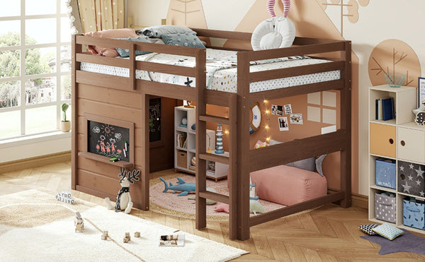 English Elm Twin Pine Loft Bed with House Frame Chalkboard Bookshelf and Safety Rails for Kids Natural W1580S00621