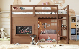 English Elm Twin Pine Loft Bed with House Frame Chalkboard Bookshelf and Safety Rails for Kids Natural W1580S00621