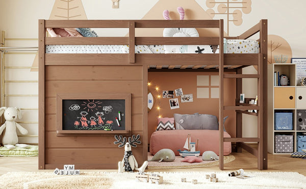 English Elm Twin Pine Loft Bed with House Frame Chalkboard Bookshelf and Safety Rails for Kids Natural W1580S00621