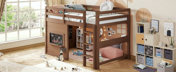 English Elm Twin Pine Loft Bed with House Frame Chalkboard Bookshelf and Safety Rails for Kids Natural W1580S00621