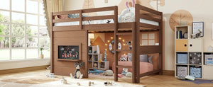 English Elm Twin Pine Loft Bed with House Frame Chalkboard Bookshelf and Safety Rails for Kids Natural W1580S00621