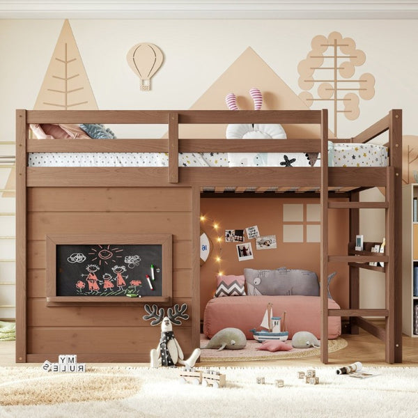 English Elm Twin Pine Loft Bed with House Frame Chalkboard Bookshelf and Safety Rails for Kids Natural W1580S00621