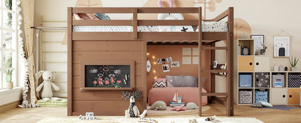English Elm Twin Pine Loft Bed with House Frame Chalkboard Bookshelf and Safety Rails for Kids Natural W1580S00621