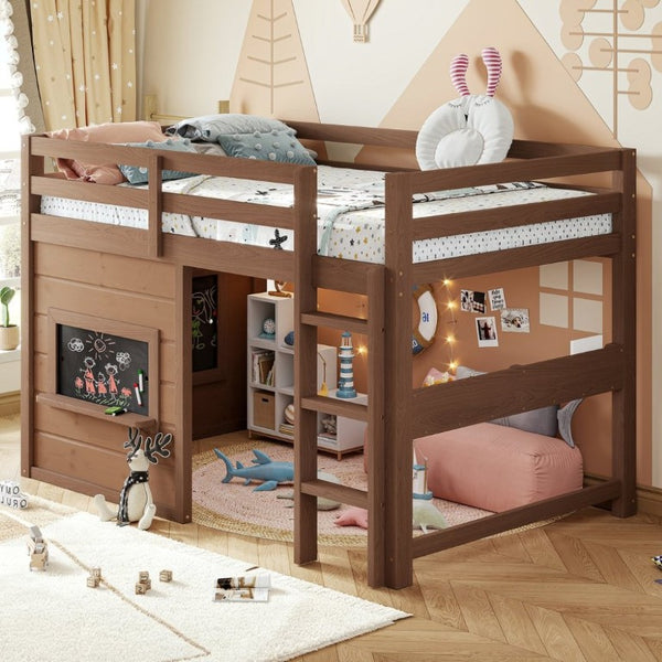 English Elm Twin Pine Loft Bed with House Frame Chalkboard Bookshelf and Safety Rails for Kids Natural W1580S00621