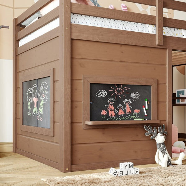 English Elm Twin Pine Loft Bed with House Frame Chalkboard Bookshelf and Safety Rails for Kids Natural W1580S00621