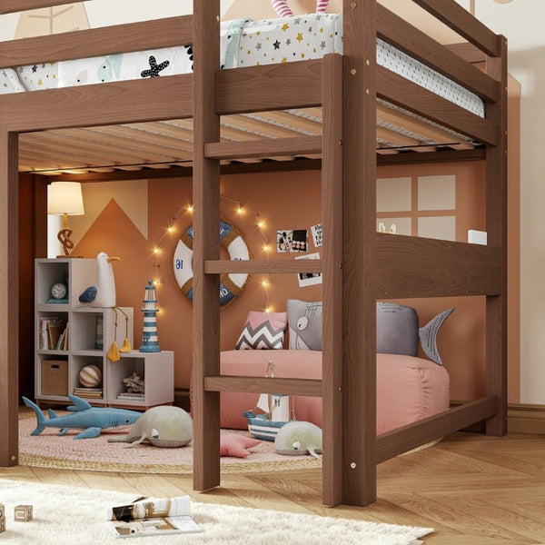 English Elm Twin Pine Loft Bed with House Frame Chalkboard Bookshelf and Safety Rails for Kids Natural W1580S00621