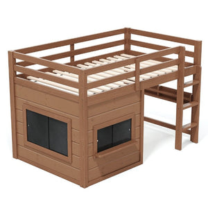 English Elm Twin Pine Loft Bed with House Frame Chalkboard Bookshelf and Safety Rails for Kids Natural W1580S00621