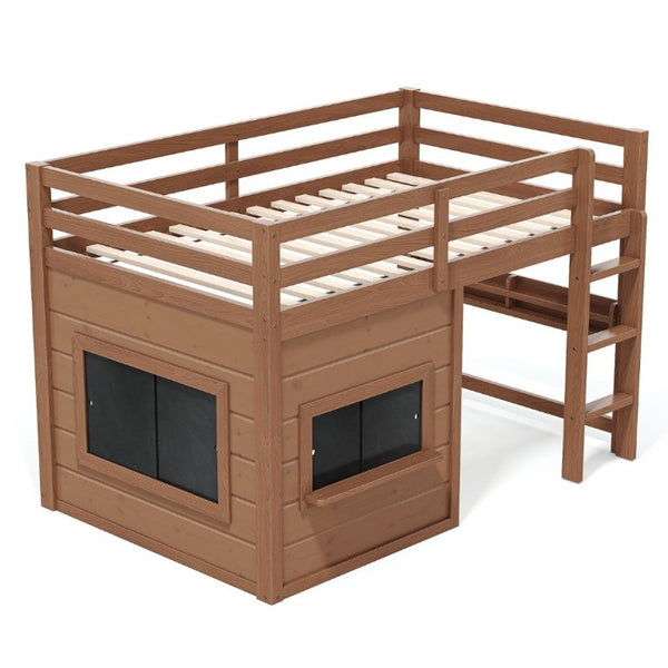 English Elm Twin Pine Loft Bed with House Frame Chalkboard Bookshelf and Safety Rails for Kids Natural W1580S00621