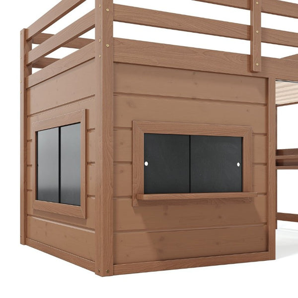English Elm Twin Pine Loft Bed with House Frame Chalkboard Bookshelf and Safety Rails for Kids Natural W1580S00621