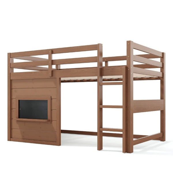 English Elm Twin Pine Loft Bed with House Frame Chalkboard Bookshelf and Safety Rails for Kids Natural W1580S00621