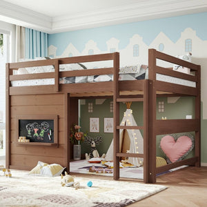English Elm Full Size Pine Loft Bed with Sliding Chalkboard Bookshelf and Safety Rails for Kids Natural W1580S00622