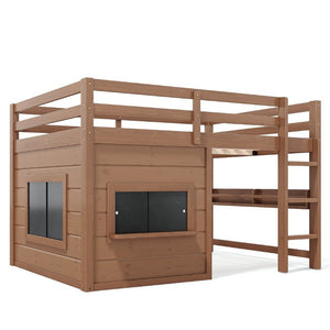 English Elm Full Size Pine Loft Bed with Sliding Chalkboard Bookshelf and Safety Rails for Kids Natural W1580S00622