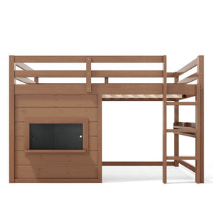 English Elm Full Size Pine Loft Bed with Sliding Chalkboard Bookshelf and Safety Rails for Kids Natural W1580S00622