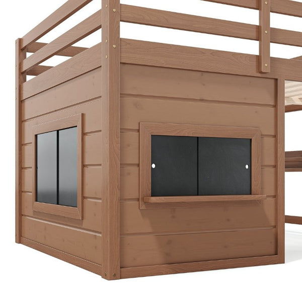 English Elm Full Size Pine Loft Bed with Sliding Chalkboard Bookshelf and Safety Rails for Kids Natural W1580S00622