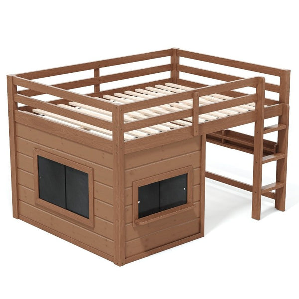 English Elm Full Size Pine Loft Bed with Sliding Chalkboard Bookshelf and Safety Rails for Kids Natural W1580S00622