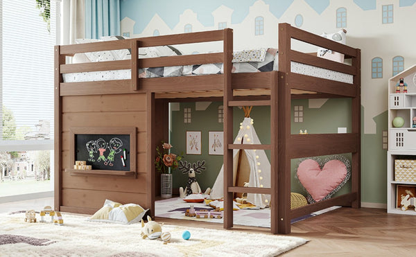 English Elm Full Size Pine Loft Bed with Sliding Chalkboard Bookshelf and Safety Rails for Kids Natural W1580S00622