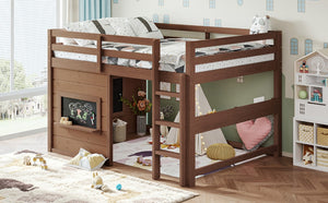 English Elm Full Size Pine Loft Bed with Sliding Chalkboard Bookshelf and Safety Rails for Kids Natural W1580S00622