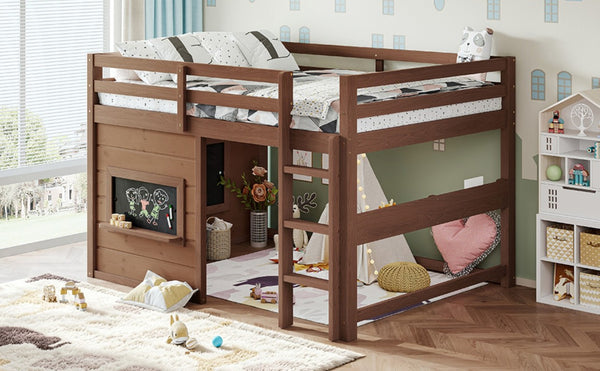 English Elm Full Size Pine Loft Bed with Sliding Chalkboard Bookshelf and Safety Rails for Kids Natural W1580S00622