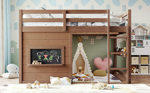 English Elm Full Size Pine Loft Bed with Sliding Chalkboard Bookshelf and Safety Rails for Kids Natural W1580S00622